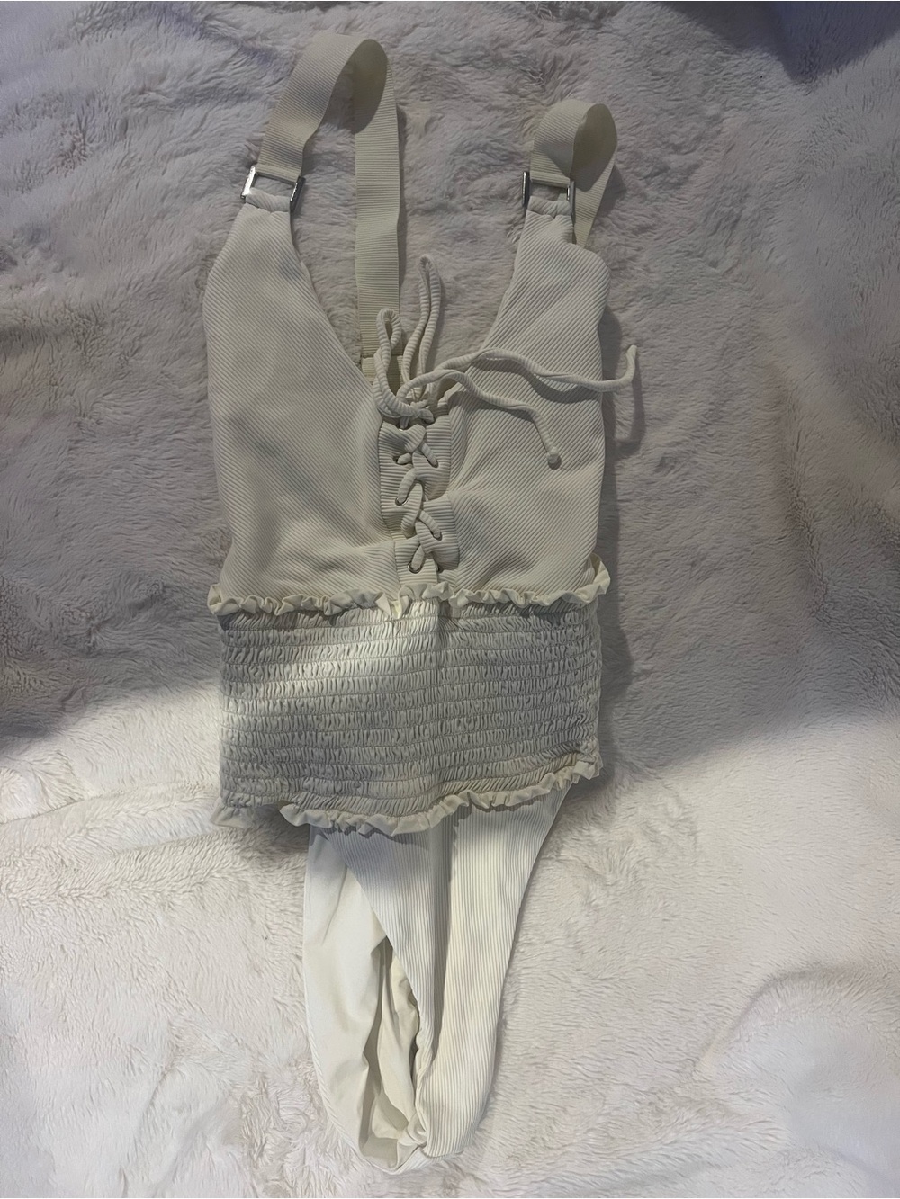 Cream Lace-Up Smocked One-Piece Swimsuit